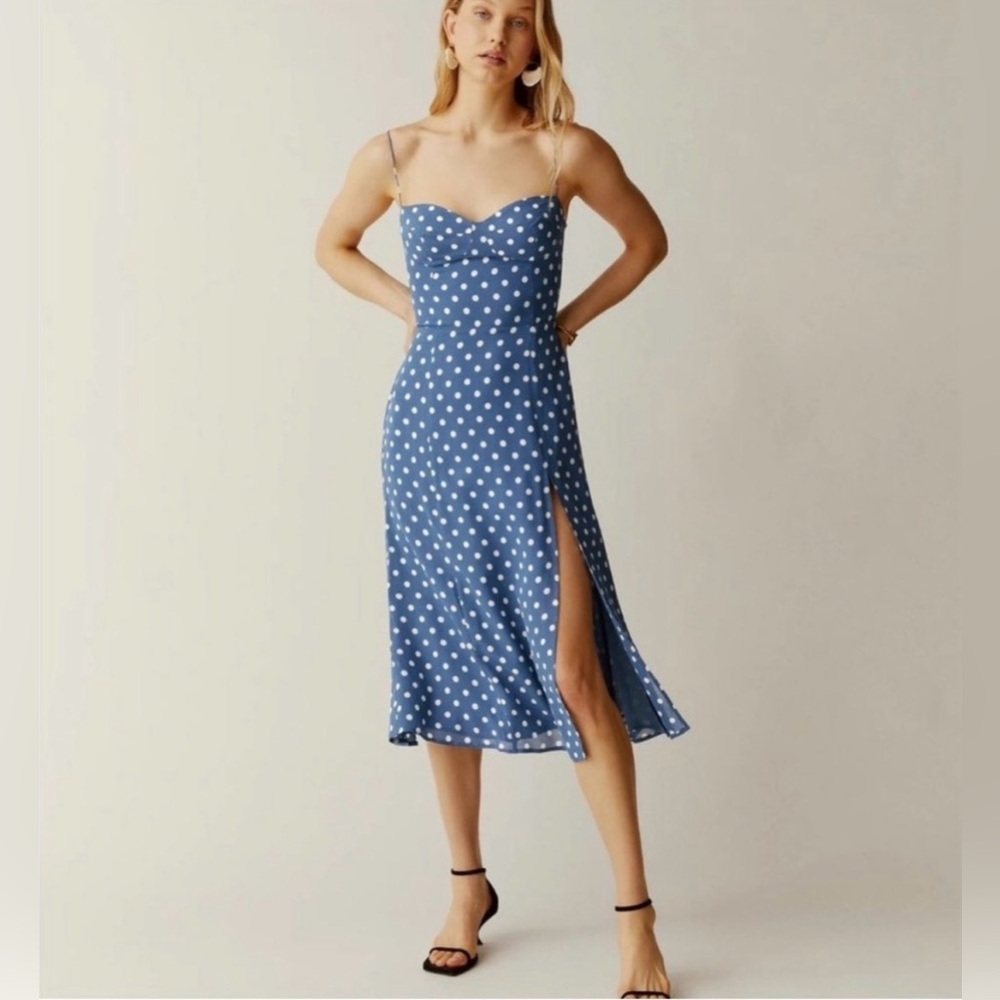 Reformation Blue and White Polka Dot Midi Slip Dress